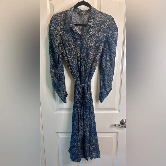 🖤”Kobi Halperin” 100% SILK Blue/Black/Cream Animal Print Bishop Sleeve Dress - Picture 3 of 13